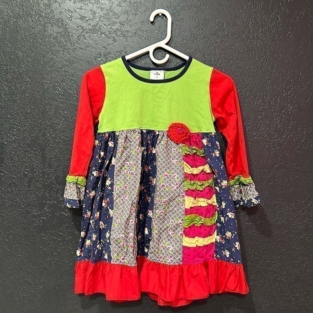 LIL DIVA Patchwork Peasant Little Girl Long Sleeve Dress Size 9/10